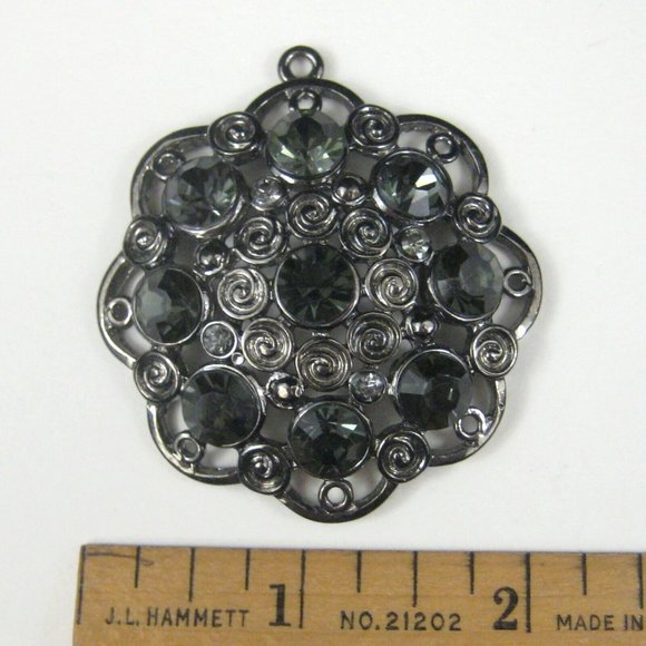 Swirl Pendant ONLY 1.9 Inch Gunmetal Gray Green Rhinestones Floral Jewelry - Picture 6 of 7